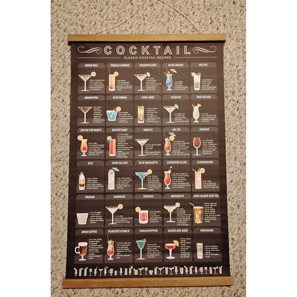 Cocktail Recipes Wall Art Poster Classic Drinks Guide Home Bar Decor
